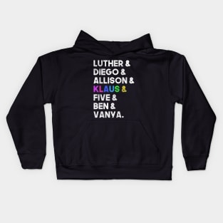 umbrella academy characters’ names | distressed grunge style Kids Hoodie